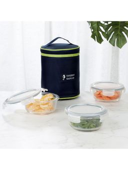 HomeTown - Boston Borosilicate Glass Microwave Safe Round Lunch Box 400ml Set of 3 with Carry Bag Blue