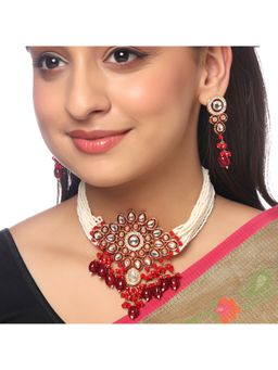 Yellow Chimes - Gold-Plated Pearl Beads Kundan Studded Choker Necklace Set for Women