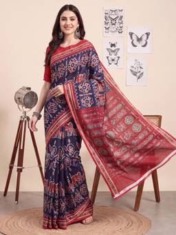 Nyri - Womens Bhagalpuri Silk Blue Printed Saree with Unstitched Blouse