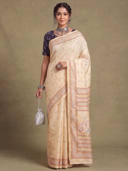 Nyri - Womens Bhagalpuri Silk Beige Printed Saree with Unstitched Blouse