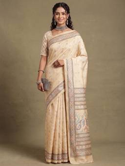Nyri - Womens Bhagalpuri Silk Beige Printed Saree with Unstitched Blouse
