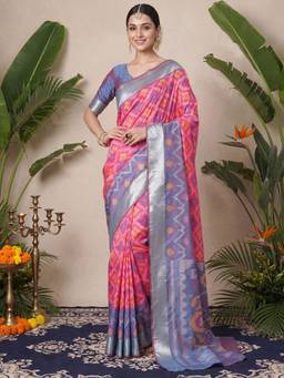 Nyri - Womens Silk Blend Pink Woven Design Saree with Unstitched Blouse
