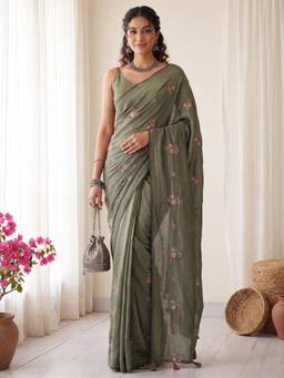 Nyri - Womens Vichitra Silk Olive Embroidered Saree with Unstitched Blouse