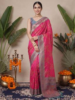 Nyri - Womens Silk Blend Pink Woven Design Saree with Unstitched Blouse
