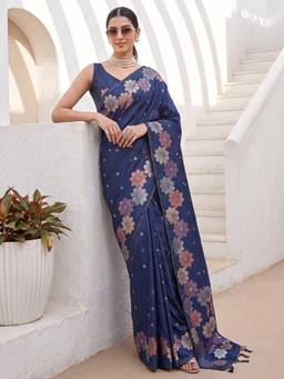 Nyri - Womens Silk Blend Navy Blue Woven Design Saree with Unstitched Blouse
