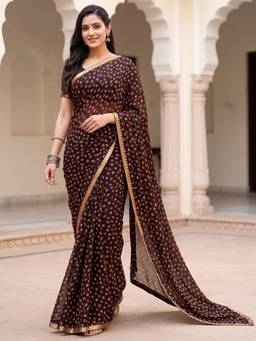Nyri - Womens Chiffon Brown Printed Saree with Unstitched Blouse