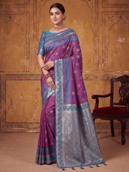 Nyri - Womens Silk Blend Purple Woven Design Saree with Unstitched Blouse