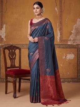 Nyri - Womens Silk Blend Teal Blue Woven Design Saree with Unstitched Blouse