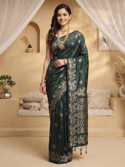 Nyri - Womens Soft Silk Dark Green Woven Design Saree with Unstitched Blouse