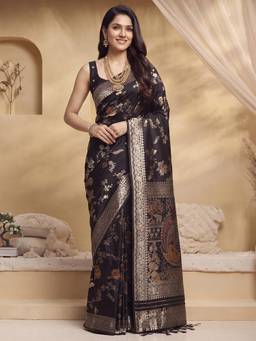 Nyri - Womens Soft Silk Black Woven Design Saree with Unstitched Blouse