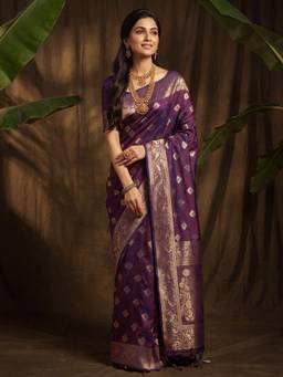 Nyri - Womens Soft Silk Purple Woven Design Saree with Unstitched Blouse