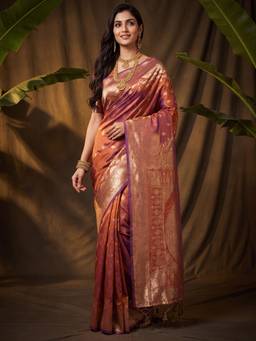 Nyri - Womens Soft Silk Rust Woven Design Saree with Unstitched Blouse
