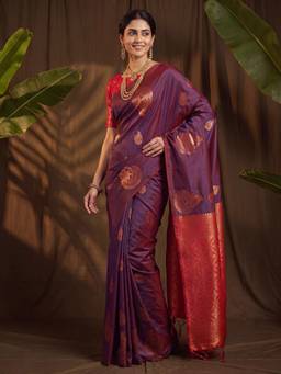 Nyri - Womens Soft Silk Wine Woven Design Saree with Unstitched Blouse