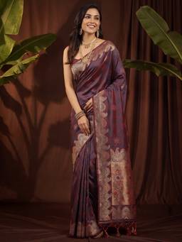 Nyri - Womens Soft Silk Wine Woven Design Saree with Unstitched Blouse