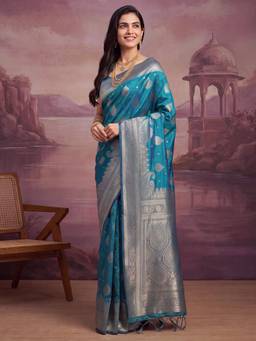 Nyri - Womens Soft Silk Teal Blue Woven Design Saree with Unstitched Blouse
