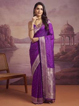 Nyri - Womens Soft Silk Purple Woven Design Saree with Unstitched Blouse
