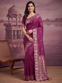 Nyri - Womens Soft Silk Pink Woven Design Saree with Unstitched Blouse