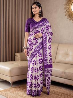 Nyri - Womens Bhagalpuri Silk Purple Printed Saree with Unstitched Blouse