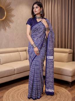 Nyri - Womens Bhagalpuri Silk Navy Blue Printed Saree with Unstitched Blouse