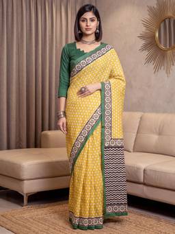 Nyri - Womens Bhagalpuri Silk Yellow Printed Saree with Unstitched Blouse