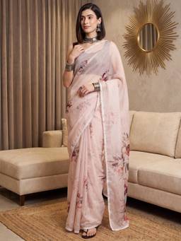 Nyri - Womens Organza Pink Digital Print Saree with Unstitched Blouse