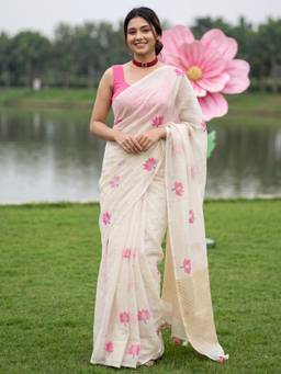 Nyri - Womens Chanderi Cotton White Woven Design Saree with Unstitched Blouse