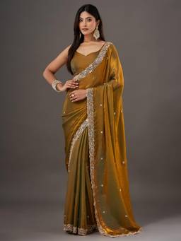 Nyri - Womens Satin Olive Embellished Saree with Unstitched Blouse
