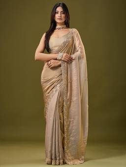 Nyri - Womens Satin Metallic Embellished Saree with Unstitched Blouse