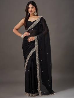 Nyri - Womens Satin Black Embellished Saree with Unstitched Blouse