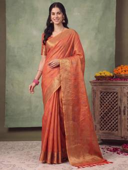 Nyri - Womens Linen Rust Woven Design Saree with Unstitched Blouse