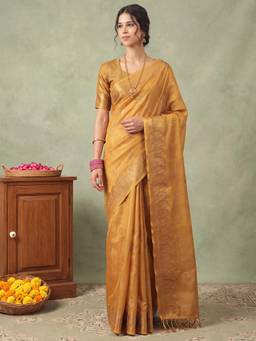 Nyri - Womens Linen Mustard Woven Design Saree with Unstitched Blouse
