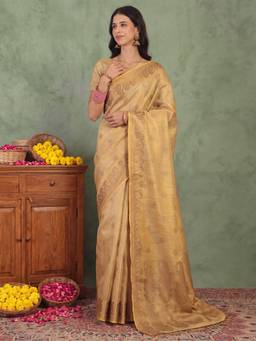 Nyri - Womens Linen Cream Woven Design Saree with Unstitched Blouse