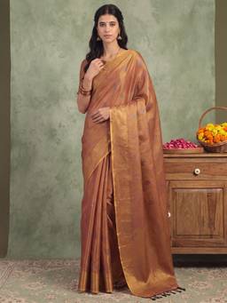 Nyri - Womens Linen Copper Woven Design Saree with Unstitched Blouse