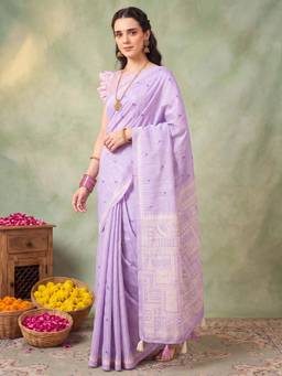 Nyri - Womens Silk Blend Lavender Embroidered Saree with Unstitched Blouse