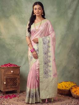 Nyri - Womens Silk Blend Pink Printed Saree with Unstitched Blouse