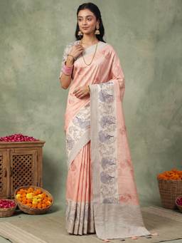 Nyri - Womens Silk Blend Peach Printed Saree with Unstitched Blouse
