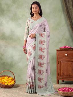 Nyri - Womens Silk Blend Lavender Printed Saree with Unstitched Blouse