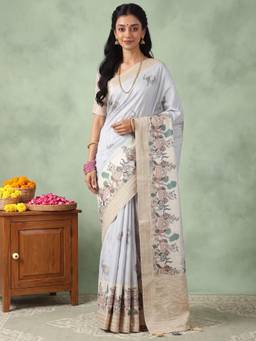 Nyri - Womens Silk Blend Grey Printed Saree with Unstitched Blouse
