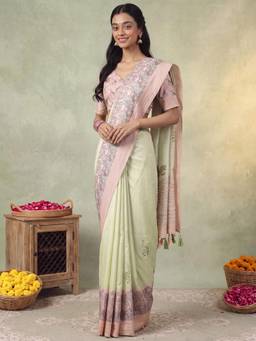 Nyri - Womens Silk Blend Light Green Printed Saree with Unstitched Blouse