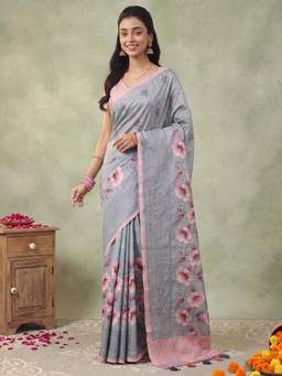 Nyri - Womens Silk Blend Grey Printed Saree with Unstitched Blouse