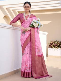 Nyri - Womens Organza Pink Woven Design Saree with Unstitched Blouse