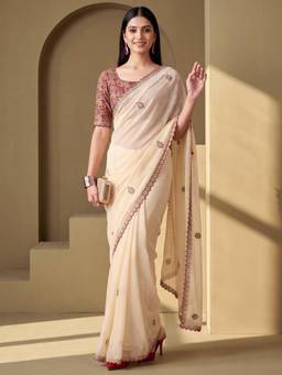Nyri - Womens Tissue Cream Zari Embroidered Saree with Unstitched Blouse