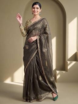 Nyri - Womens Tissue Olive Zari Embroidered Saree with Unstitched Blouse