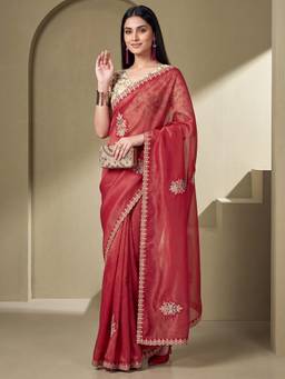 Nyri - Womens Tissue Rust Zari Embroidered Saree with Unstitched Blouse