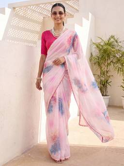 Nyri - Womens Georgette Pink Printed Saree with Unstitched Blouse