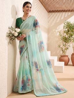 Nyri - Womens Georgette Aqua Printed Saree with Unstitched Blouse