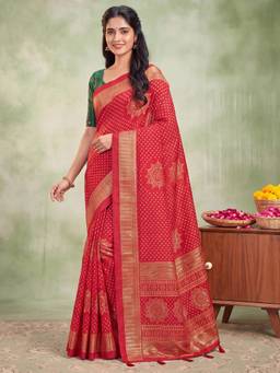 Nyri - Womens Tussar Silk Red Printed Saree with Unstitched Blouse