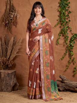 Nyri - Womens Cotton Linen Brown Digital Print Saree with Unstitched Blouse