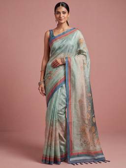 Nyri - Womens Cotton Silk Aqua Digital Print Saree with Unstitched Blouse