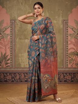 Nyri - Womens Cotton Silk Teal Blue Digital Print Saree with Unstitched Blouse